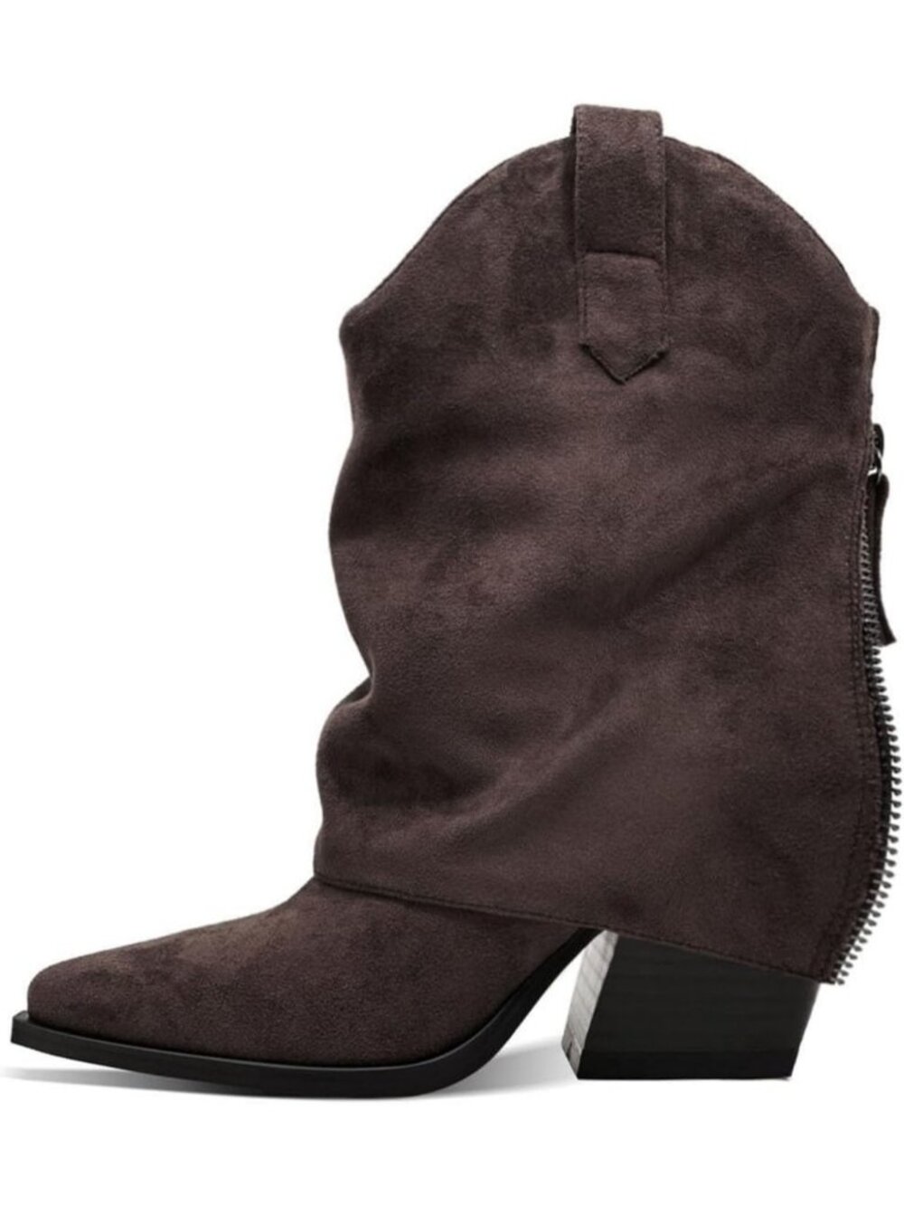 Women's Brown Faux Suede Chunky Mid Heel Retro Pointed Toe Side Zipper Boots